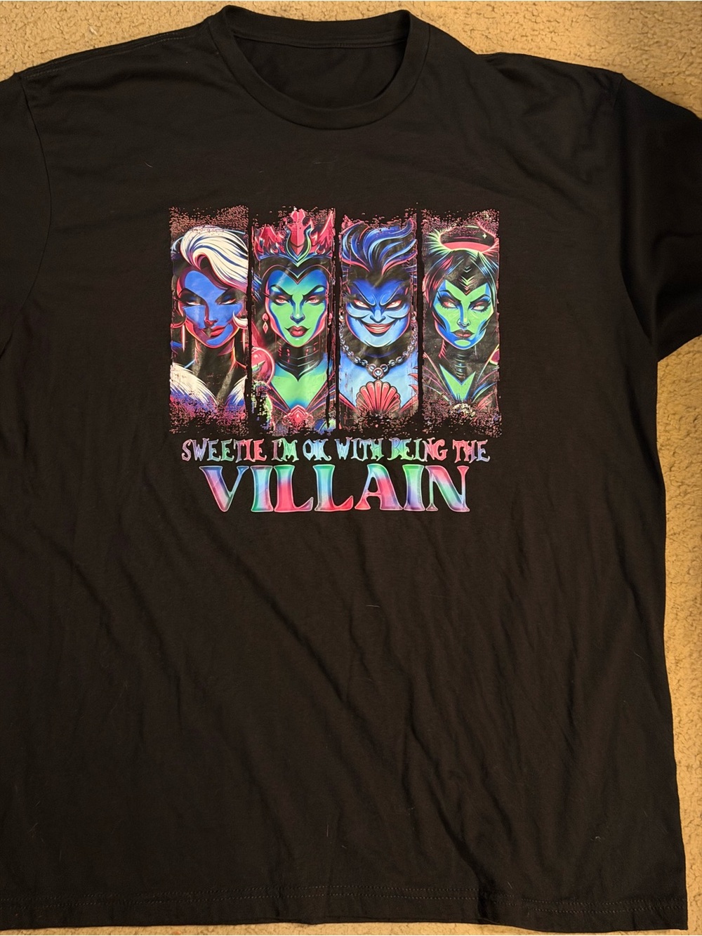 Black Cotton Graphic Short-Sleeve Tee with Neon Villain Portraits